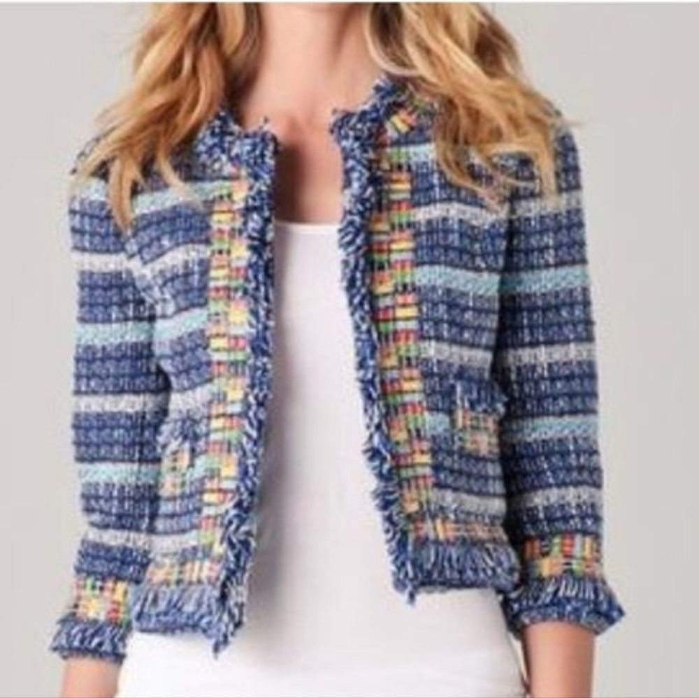 Tory Burch Blue Multi Tweed Fringe Jacket - Picture 2 of 9